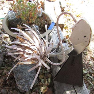 Y-36  TIN FLAMINGO, CERAMIC PLANTER, IRON BELL & MORE