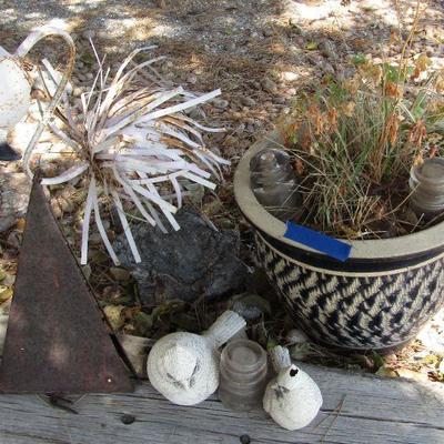 Y-36  TIN FLAMINGO, CERAMIC PLANTER, IRON BELL & MORE