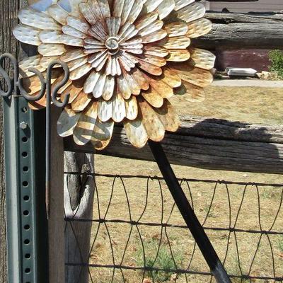 Y-36  TIN FLAMINGO, CERAMIC PLANTER, IRON BELL & MORE