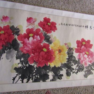 LOT 203  BEAUTIFUL ASIAN THEMED SCROLL OF FLOWERS