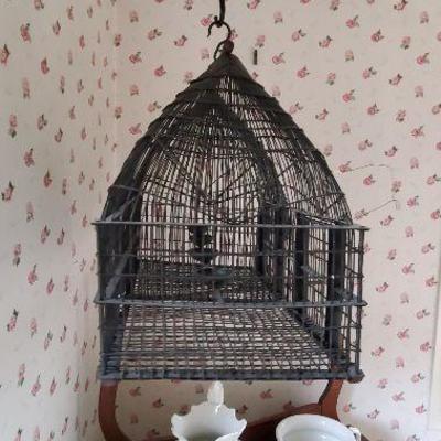 Very unique double dome iron woven bird cage with hand forged chain