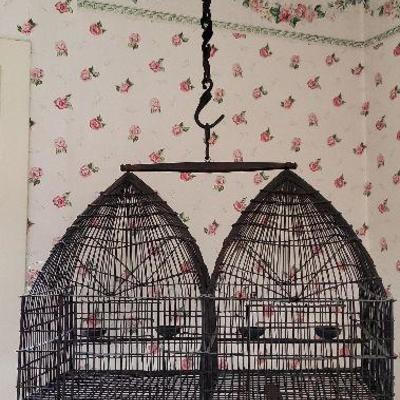 Very unique double dome iron woven bird cage with hand forged chain