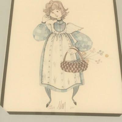 Limited Edition Print, P Buckley Moss, Girl with flower basket, 14 x 17 inches, edition #407/1000