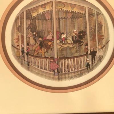 1985 Artwork Limited Edition P Buckley Moss print, framed, children on Merry Go Round Carousel 14" x 14", #211/1000