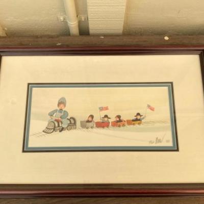 1987 Limited Edition P Buckley Moss print, framed, ALL ABOARD Woman driving train, EDITION #249/1000, 13