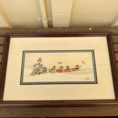 1987 Limited Edition P Buckley Moss print, framed, ALL ABOARD Woman driving train, EDITION #249/1000, 13