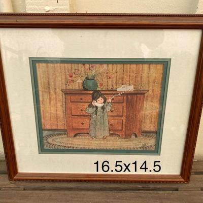 1987 Limited Edition P Buckley Moss print, framed, Girl on phone with dresser, EDITION #877/1000, 16