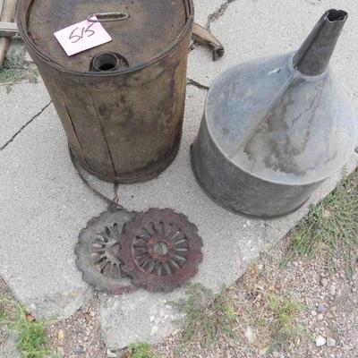S2-11  VINTAGE OIL CONTAINER AND METAL FUNNEL