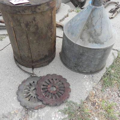 S2-11  VINTAGE OIL CONTAINER AND METAL FUNNEL