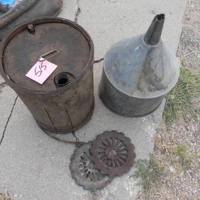 S2-11  VINTAGE OIL CONTAINER AND METAL FUNNEL