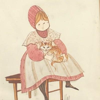 1983 Artwork #168/1000 Limited Edition P Buckley Moss print, framed, Amish girl on bench holding orange cat 11