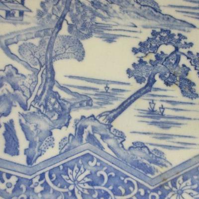 Lot 9 -Vintage Blue & White Porcelain Asian Plate Forest Backdrop Scalloped Edge 12
