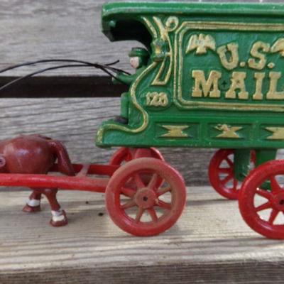 LOT 263  CAST IRON HORSE DRAWN FIRETRUCK AND US MAIL WAGON