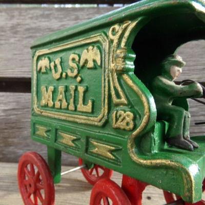 LOT 263  CAST IRON HORSE DRAWN FIRETRUCK AND US MAIL WAGON