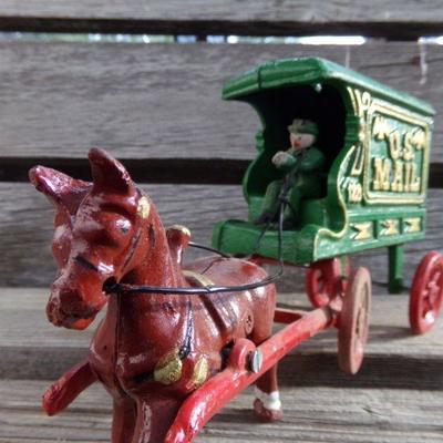 LOT 263  CAST IRON HORSE DRAWN FIRETRUCK AND US MAIL WAGON