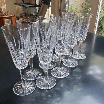 Set of 9 Waterford Listmore Crystal Champagne Glasses - matching set all excellent condition.