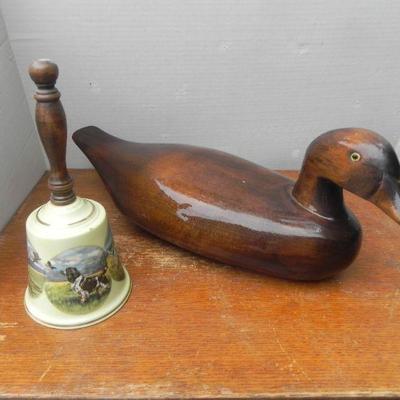 LOT 283  WOODEN DUCK AND PORCELAIN BELL