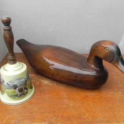 LOT 283  WOODEN DUCK AND PORCELAIN BELL