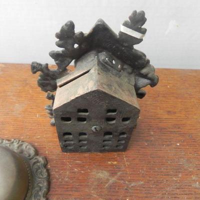 LOT 247  TWO DOOR RINGERS,COIN BANK AND BRASS BADGES