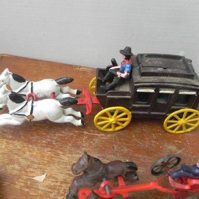 LOT 242  CAST IRON TOY STAGECOACH, FIRE TRUCK & CAR