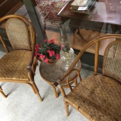 237  3 Bamboo Chairs, a Bamboo Table, Oil Lamp