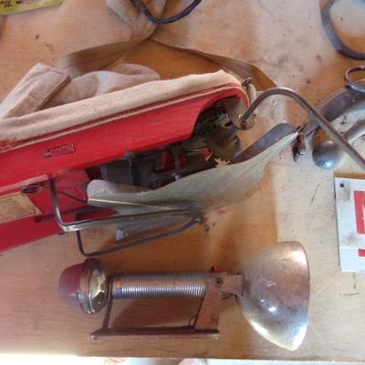 WS-19  VINTAGE CORN HUSKER, HORSE COLLAR, CLOCK AND HEAT LAMP