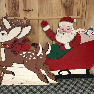 P16: Custom Wood Santa Sleigh & Reindeer Yard Art