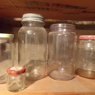 B-75  LOTS OF VARIOUS GLASS BOTTLES AND JARS