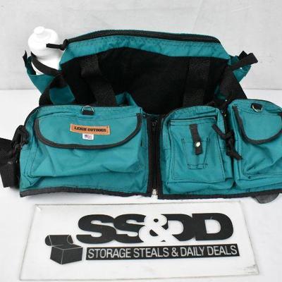 Hiking Gear Waist Pack with 12 compartments & water bottle. Teal & Black. Clean