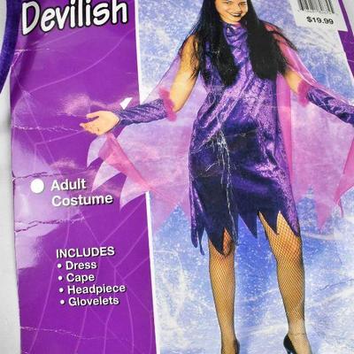 Devilish Purple Devil Costume. Dress/Cape/Headband, Necklace, Fingernails