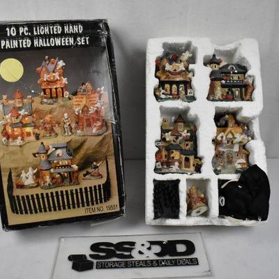 10 pc Lighted Hand Painted Halloween Set (4 houses 4 figurines, fence, lights)
