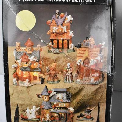 10 pc Lighted Hand Painted Halloween Set (4 houses 4 figurines, fence, lights)