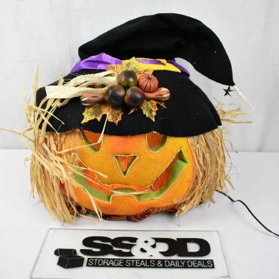 Large light up pumpkin with scarecrow hair and a witch hat. Works
