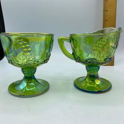 Green Carnival Glass Creamer, Sugar, and Butter Plate