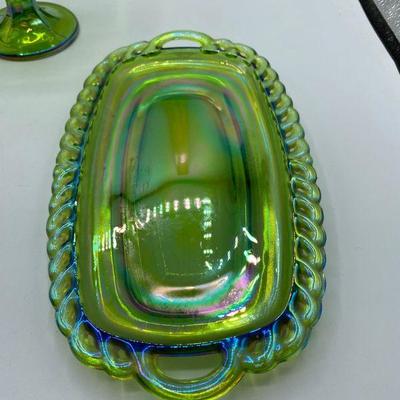 Green Carnival Glass Creamer, Sugar, and Butter Plate