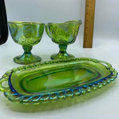 Green Carnival Glass Creamer, Sugar, and Butter Plate