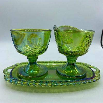 Green Carnival Glass Creamer, Sugar, and Butter Plate