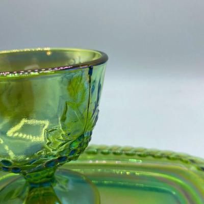 Green Carnival Glass Creamer, Sugar, and Butter Plate