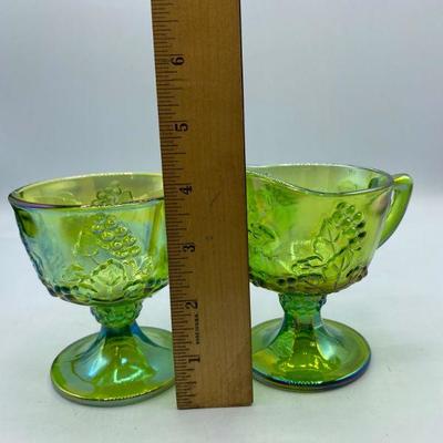 Green Carnival Glass Creamer, Sugar, and Butter Plate