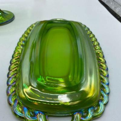 Green Carnival Glass Creamer, Sugar, and Butter Plate