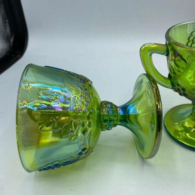 Green Carnival Glass Creamer, Sugar, and Butter Plate