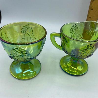 Green Carnival Glass Creamer, Sugar, and Butter Plate
