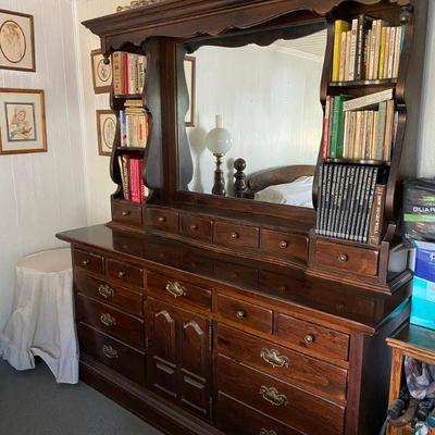 Vintage Ethan Allen Old Tavern Dark Antiqued Pine Dresser with Mirrored Hutch