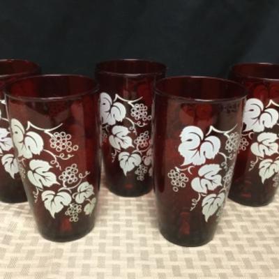 5 Anchor Hocking Red Grapevine Drink Glasses