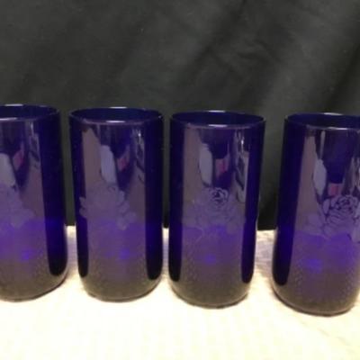 Cobalt Blue Drink Glasses Etched with a Rose 