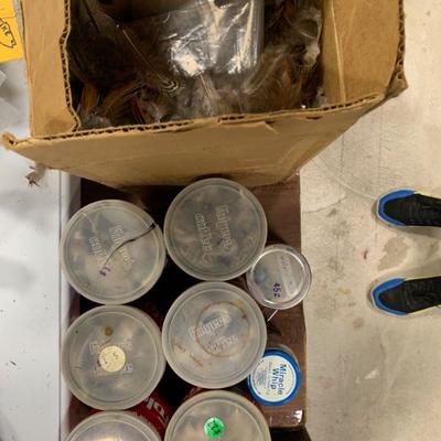#27 Coffee Cans & Box Full of Feathers