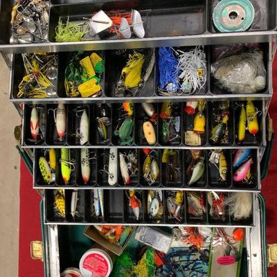 #118 Jumbo Vintage Green Tackle Box Full of Lures & Fishing Gear