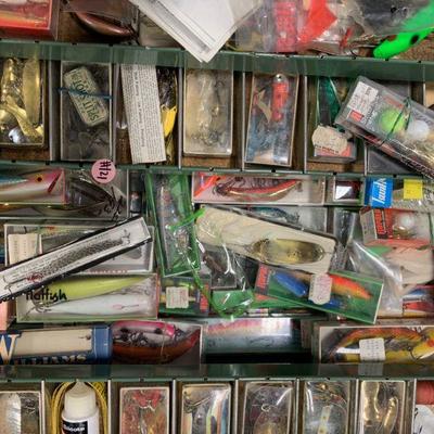 #121 Vintage Blue Tackle Box Full of Misc. Lure & more!