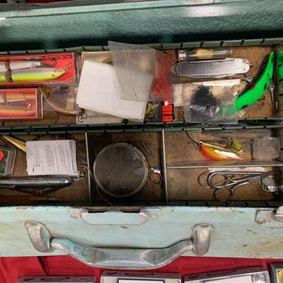 #121 Vintage Blue Tackle Box Full of Misc. Lure & more!