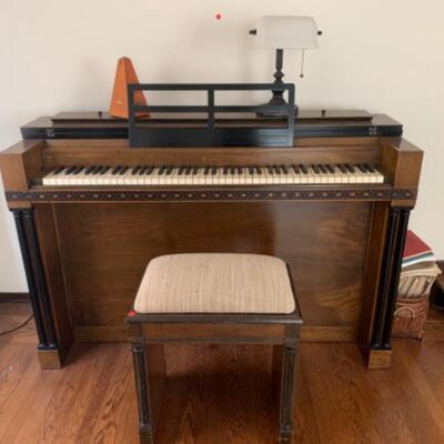 2. Hardman, Peck & Company Minipiano with bench, music, metronome and desk lamp (55.5â€ x 36â€ x 17â€)